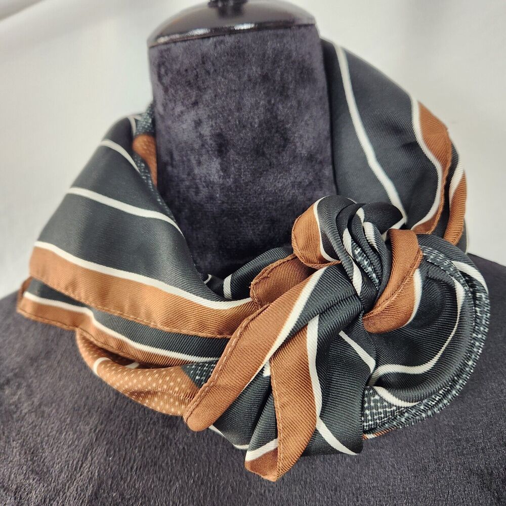 Vintage Square Womens Scarf Hairtie Italy 26 x 26 Black Brown Fall Winter - Picture 3 of 6